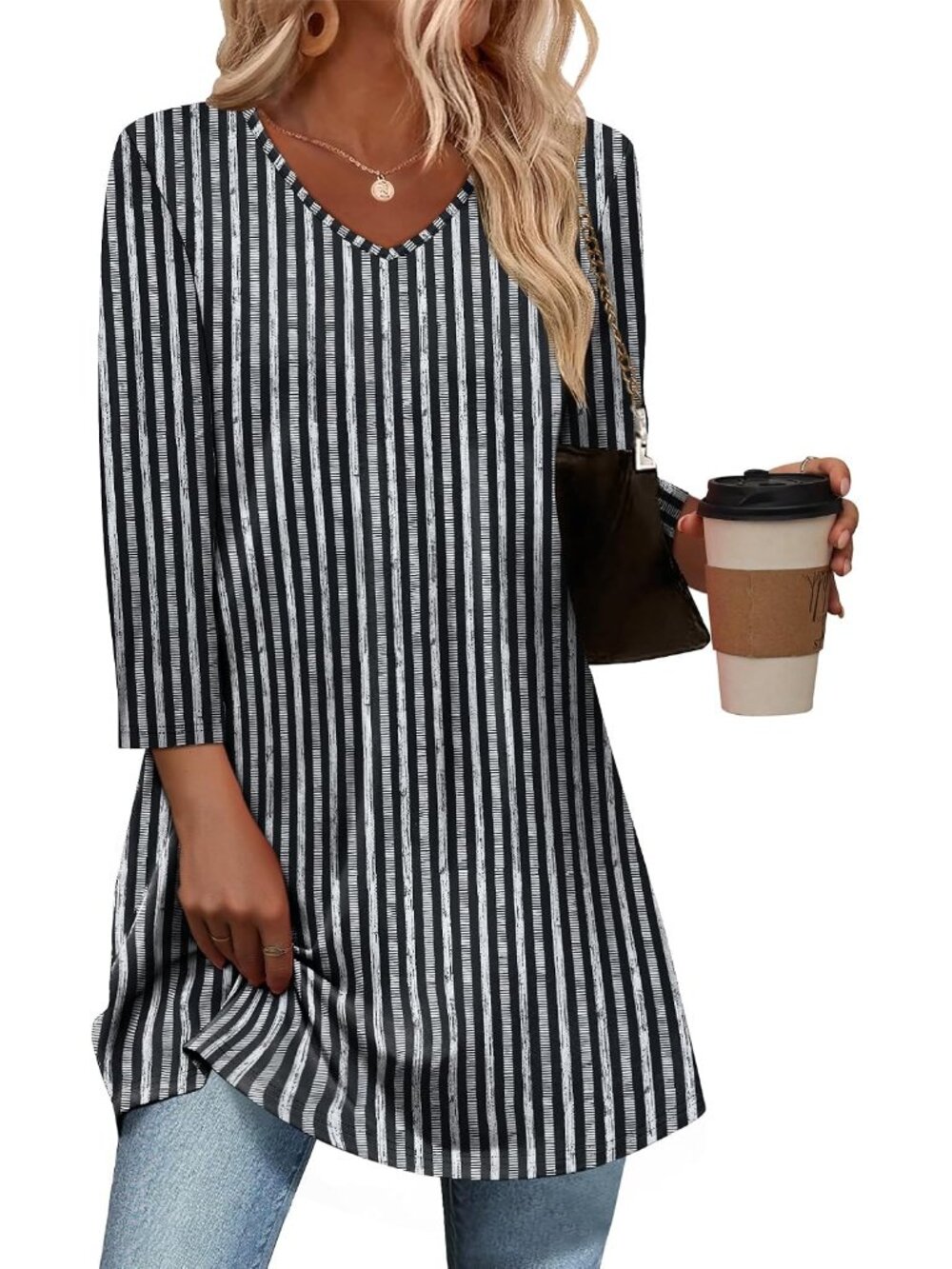 Soft 3/4 Sleeve Women's Plus Size Tunic in Floral/Striped Patterns - Casual Chic